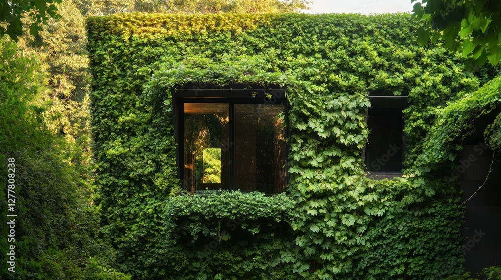 Poster lush green ivy envelops a modern home, blending nature with architecture in a serene setting
