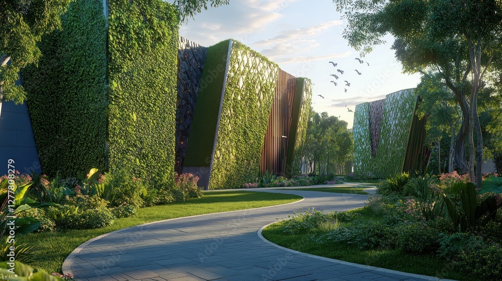 Poster lush green pathway winding through modern architecture with vertical gardens in a serene setting