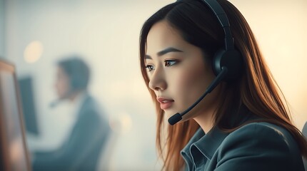 Call Center Agent in Office &ndash; Female CSR Wearing Headphones and Assisting Customers, CSR, agent in office, call center office	