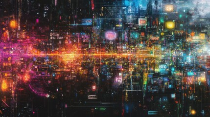 Naklejka premium Vibrant Digital Abstract with Colorful Light Trails and Data Visualizations in a Futuristic Setting