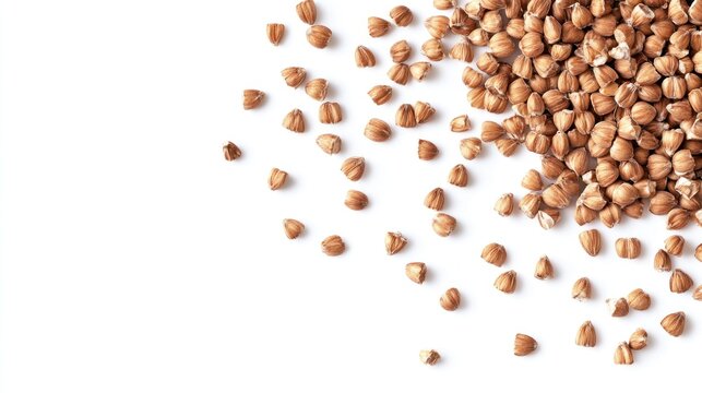 Scattered buckwheat grains on white background; food photography, recipe blog