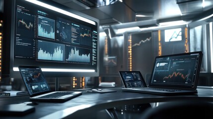 Futuristic office data analysis on screens