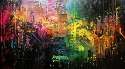 Obraz premium Abstract vibrant cityscape with neon colors and intricate patterns, evoking a futuristic atmosphere
