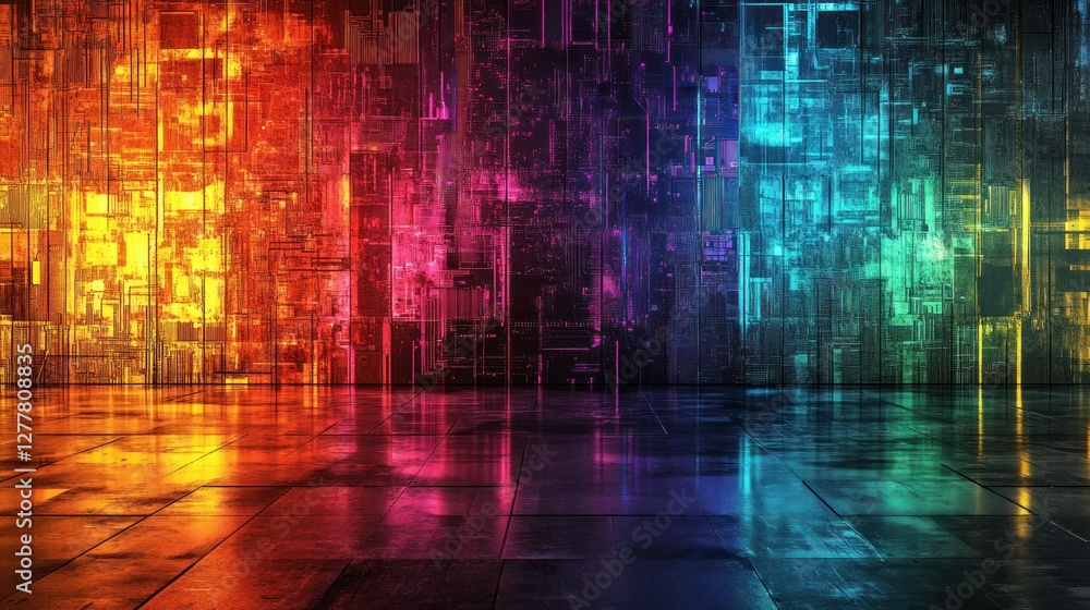 Poster vibrant abstract digital wall with colorful patterns reflecting on a glossy floor in a futuristic sp