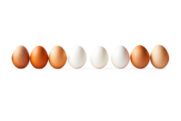 Eggs fresh brown, white lined up in row isolated on cut out PNG or transparent background. Fresh organic chicken eggs in pack or egg container. Packaging products for sale in supermarkets.