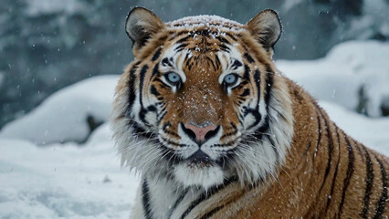 A Royal Bengal Tiger Looks Menacing in the Snow-Covered Forest. 