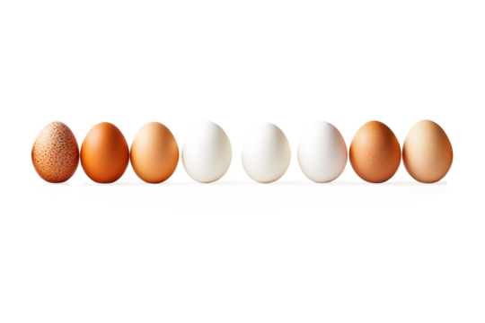 Eggs fresh brown, white lined up in row isolated on cut out PNG or transparent background. Fresh organic chicken eggs in pack or egg container. Packaging products for sale in supermarkets.