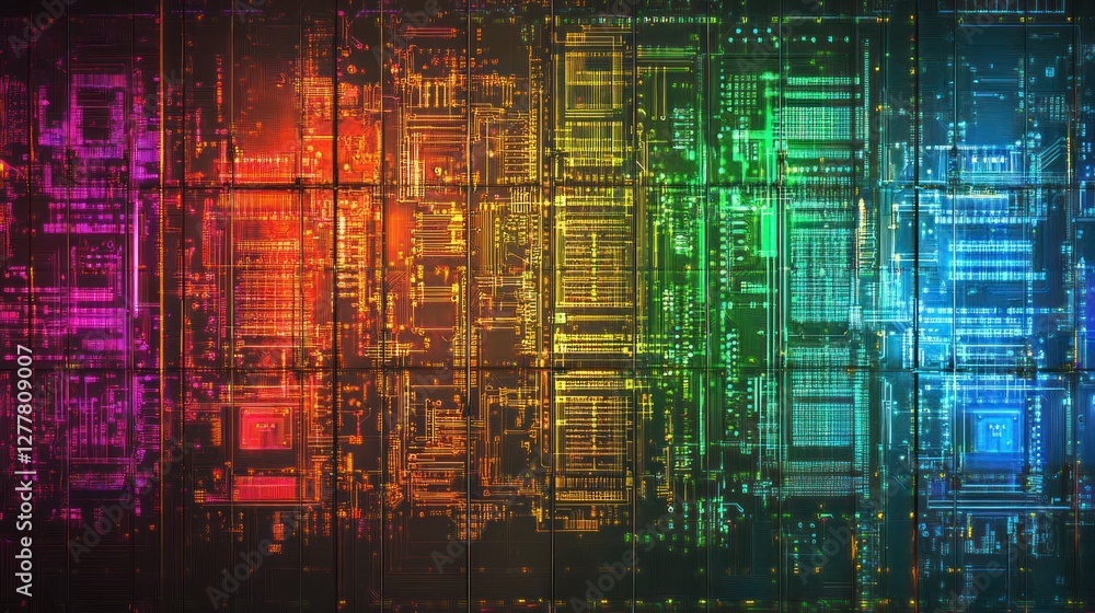 Poster vibrant abstract digital circuit design with colorful patterns and intricate details