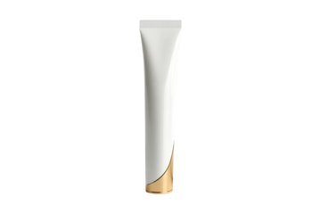 Cream tube plastic tall white portable isolated on cut out PNG or transparent background. Collapsible squeeze tube cosmetic containers with flip lid gold. Modern bottle packaging products.