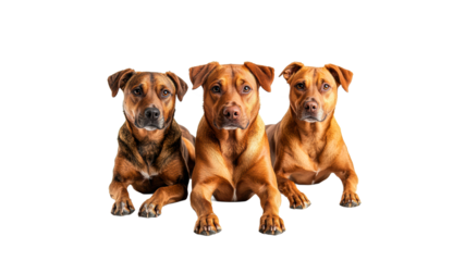 Three playful dogs resting together indoors
