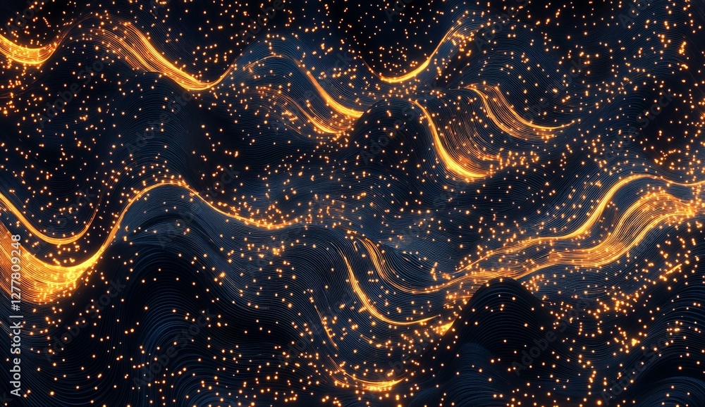 Poster golden waves flow across dark digital space; background particles; abstract tech design