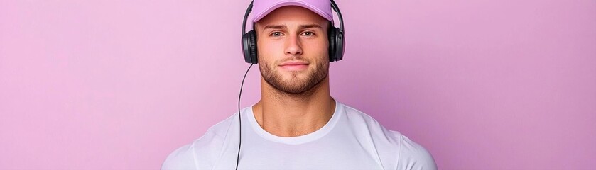 Fototapeta premium A young man wearing headphones and a pink cap smiles against a soft pink background, embodying a vibe of relaxation and enjoyment in music.