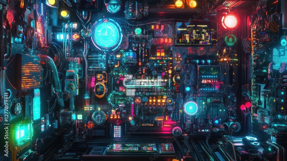 Aufkleber futuristic digital control panel with vibrant lights and intricate circuitry in a tech environment