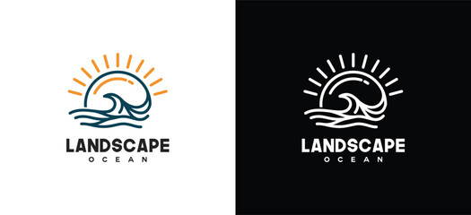 Thick line vector illustration of ocean nature and shining sun, ocean wave logo symbol