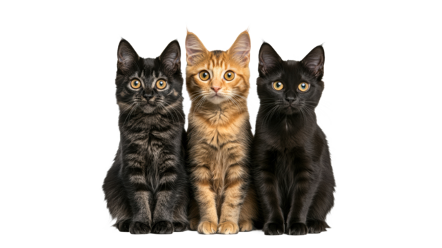 Three adorable kittens posing together in studio