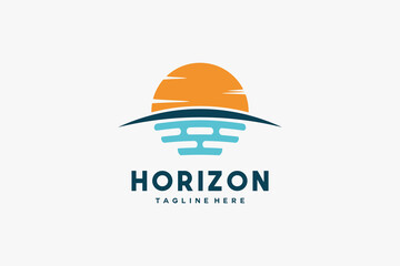 Vector illustration of sunrise over the ocean, sun logo over the horizon