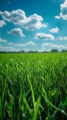 Obraz premium Fresh green grass growing in a field with morning dew under a cloudy sky