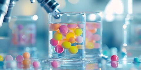 A close-up of colorful pills floating in water inside glass cups, set against the backdrop of a laboratory 