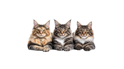 Three Maine Coons resting on white
