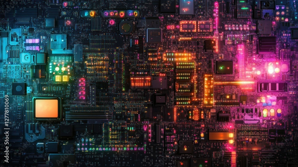 Poster vibrant circuit board with glowing components and intricate patterns, showcasing technology in actio