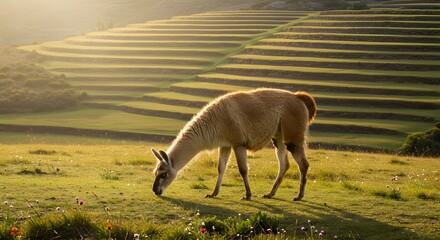 Llama Grazing on Green Hillside Terraces at Sunrise or Sunset