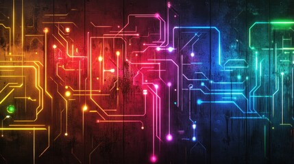 Obraz premium Vibrant abstract circuit board design with colorful lights on a textured dark background