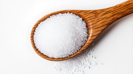White sugar in a wooden spoon on a white background . sugar in a spoon