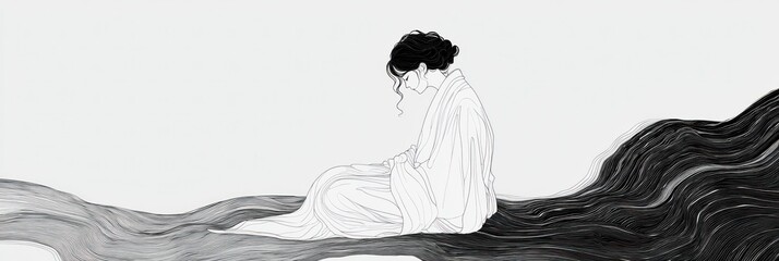 A woman in white robes sits on a dark, wavy surface, with her head bowed. Simple black and white art depicting sadness, grief, or loss.