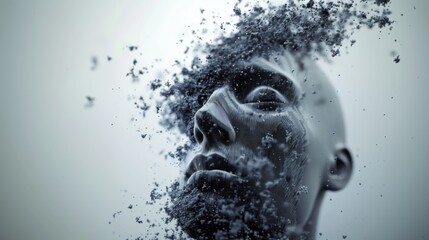 Rendered Humanoid Face Disintegrating into Particles