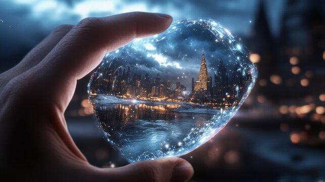 A hand holding a glowing crystal heart with a cityscape inside, against a night sky. Hyper-realistic photography. - Powered by Adobe