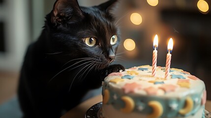 A sleek black cat curiously touching a candle on a birthday cake decorated with moons and stars