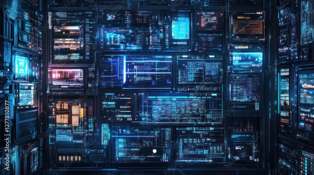 Poster futuristic digital interface showcasing vibrant data displays and complex technology layout