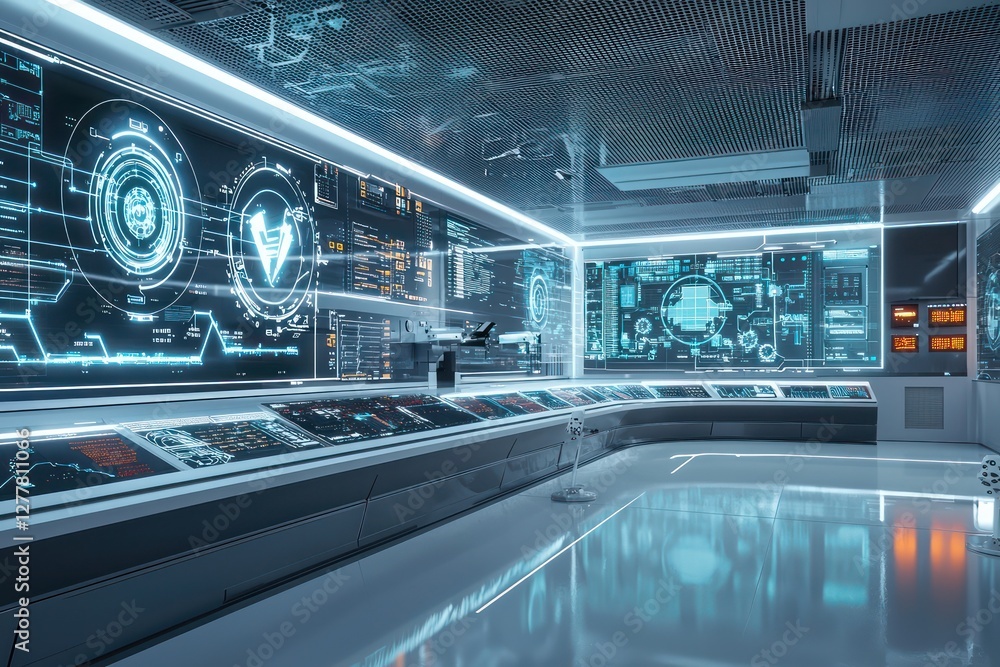 Poster ai-powered holograms in control center visualize cyber threats.