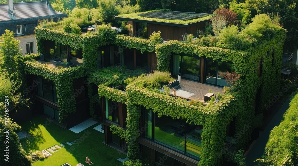 Poster Lush Greenery-Covered Modern Architecture Surrounded by Nature in a Serene Setting