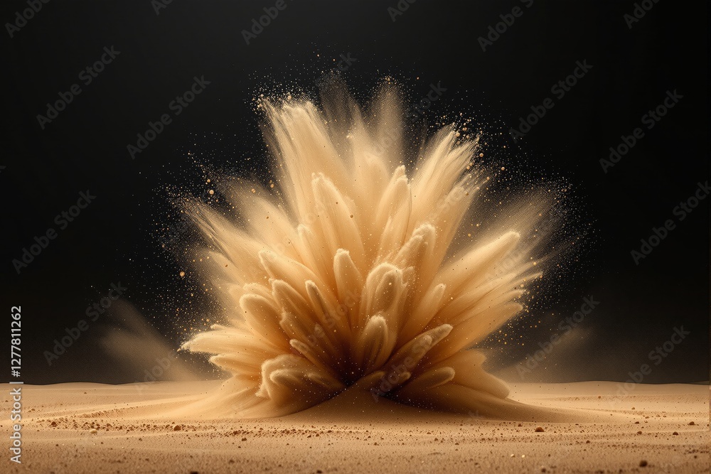 Poster sand explosion forming a flower-like shape on a dark background, depicting an abstract nature concep