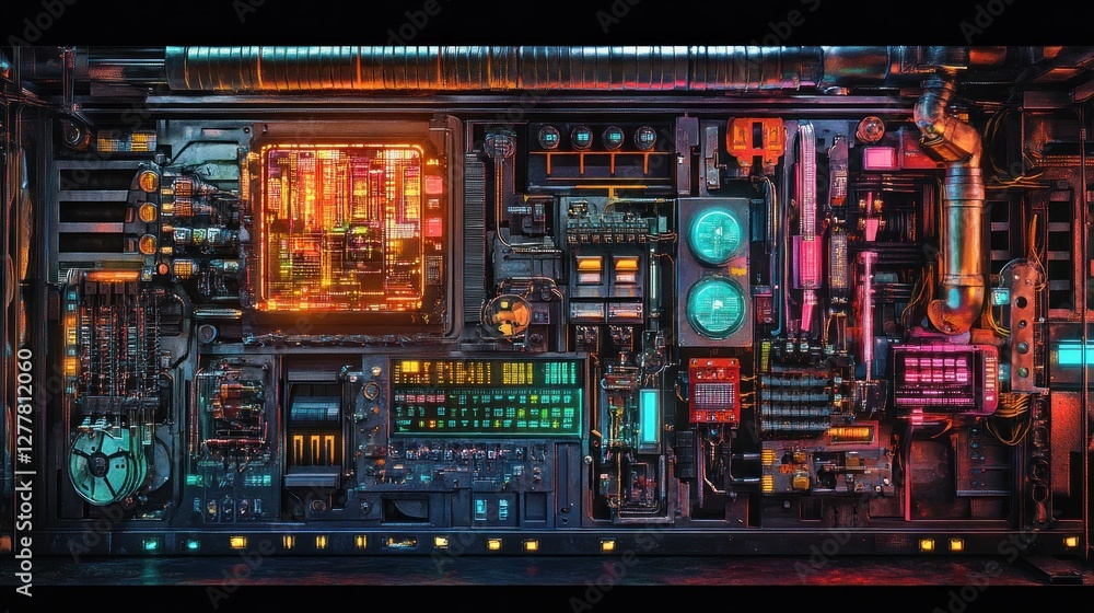Aufkleber futuristic control panel with vibrant lights and intricate circuitry in a high-tech environment