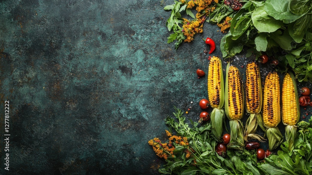 Aufkleber fresh and colorful vegetables and corn arranged on rustic table for culinary use