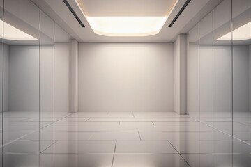 Obraz premium Minimalist futuristic interior with glossy tiles, reflective walls, and soft ceiling lights on a neutral background. Concept of modern architecture. Ai generative