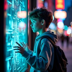 Obraz premium A young person explores an immersive experience at night, surrounded by vibrant lights and advanced technology, fully engaged in a virtual environment. 