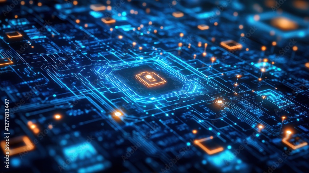 Poster futuristic digital circuitry with bright lights and complex patterns representing advanced technolog