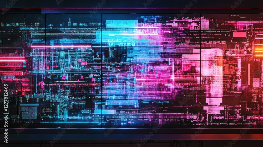 Poster abstract digital art featuring vibrant neon colors and intricate patterns in a modern tech environme
