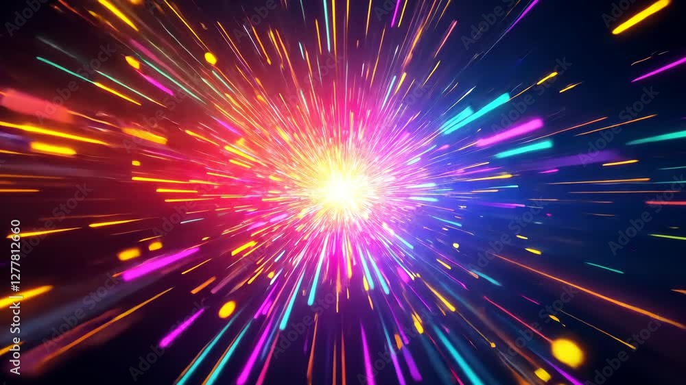 Poster dynamic burst of colorful light rays in a vivid, spiraling explosion