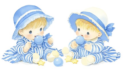 Adorable Twin Babies in Blue Striped Onesies Playing with Balls