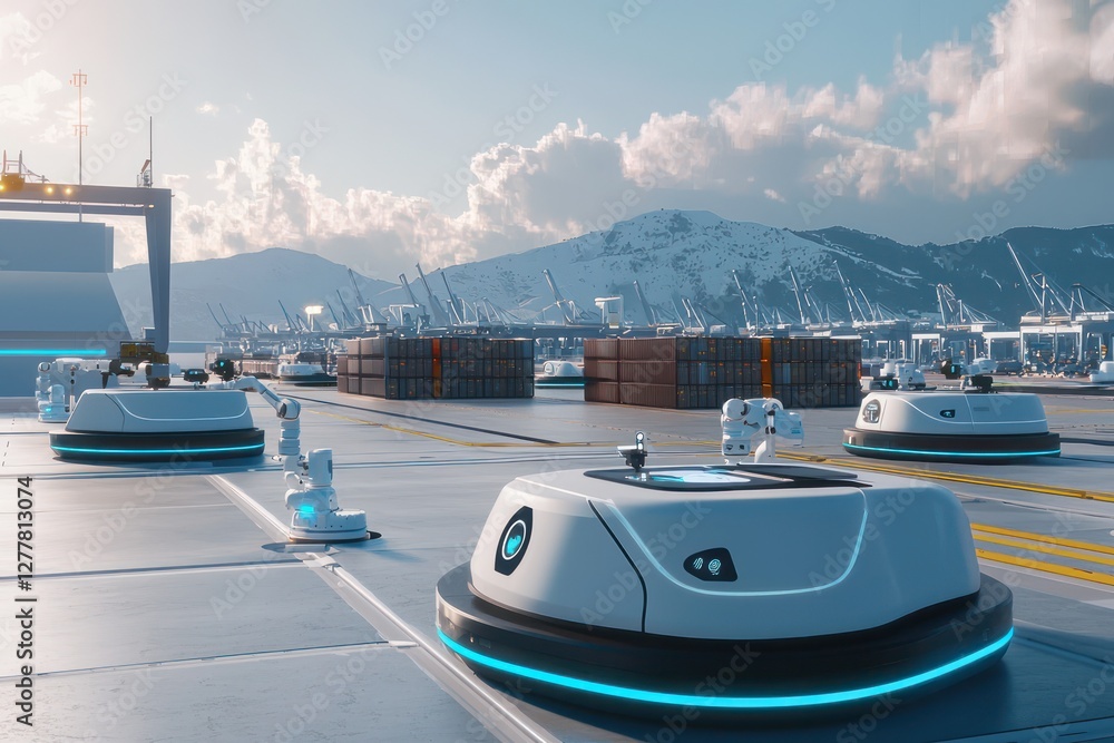 Poster clean terminal features robots autonomously transporting cargo.
