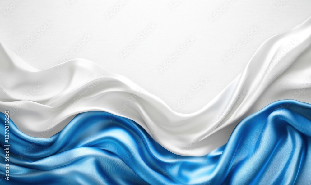 Poster elegant draped fabric in white and blue colors, creating a smooth wave pattern against a light backg