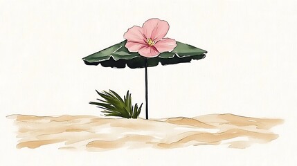 Beach Umbrella with Pink Flower and Palm Fronds Watercolor Painting.