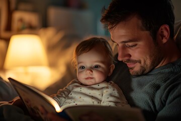 Loving father reading a book to his baby daughter at bedtime in the bedroom