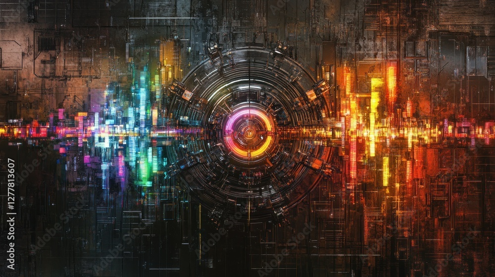 Poster abstract digital artwork depicting a vibrant circular design with colorful waves and patterns