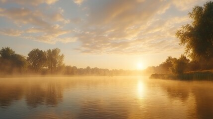 Misty sunrise river landscape, golden hour, calm water, tranquil scene, nature photography