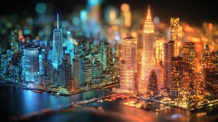 Stunning Nightscape of Modern Cities with Illuminated Skyscrapers and Vibrant Colors in a Lively Urban Environment